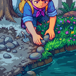 Scout acomodando piedras en la orilla de un arroyo